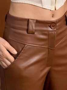 EURMUSE Women Solid Color Pocket And Button Detailed Wide Leg Pants - Brown - View 4