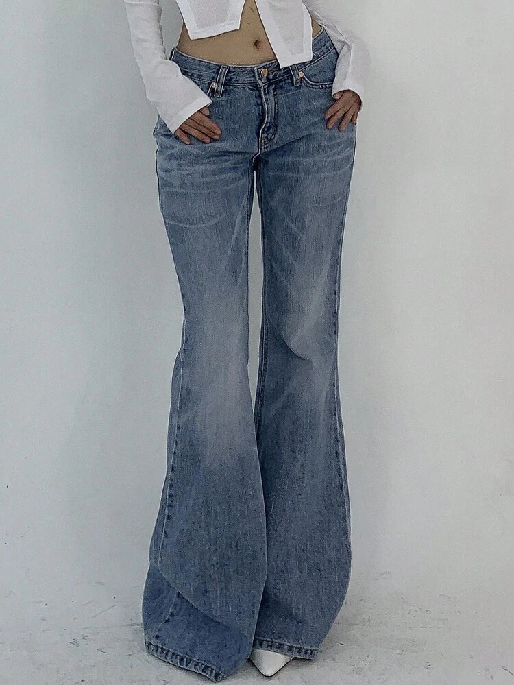 Women's Pocket Design Casual All-Match Flare Jeans Low Rise Jeans