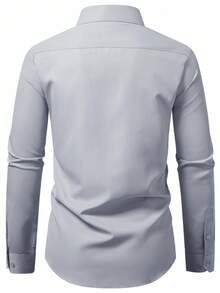Manfinity Mode 男士休闲纯色前扣长袖衬衫，夏季灰色男士衬衫男士优雅衬衫浅蓝色男士衬衫修身正装衬衫，适合通勤、秋季日常穿着的多功能旅行单品 - 灰色 - 查看 2