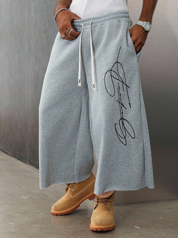 PAVTROS Men's Street-Style Popular INS Matching FREEDOM Embroidered Outdoor Music Festival, Nightclub Bar, Boyfriend/Husband Gift, Anniversary Gift, Loose Fit 3/4 Sweatpants In Light Gray