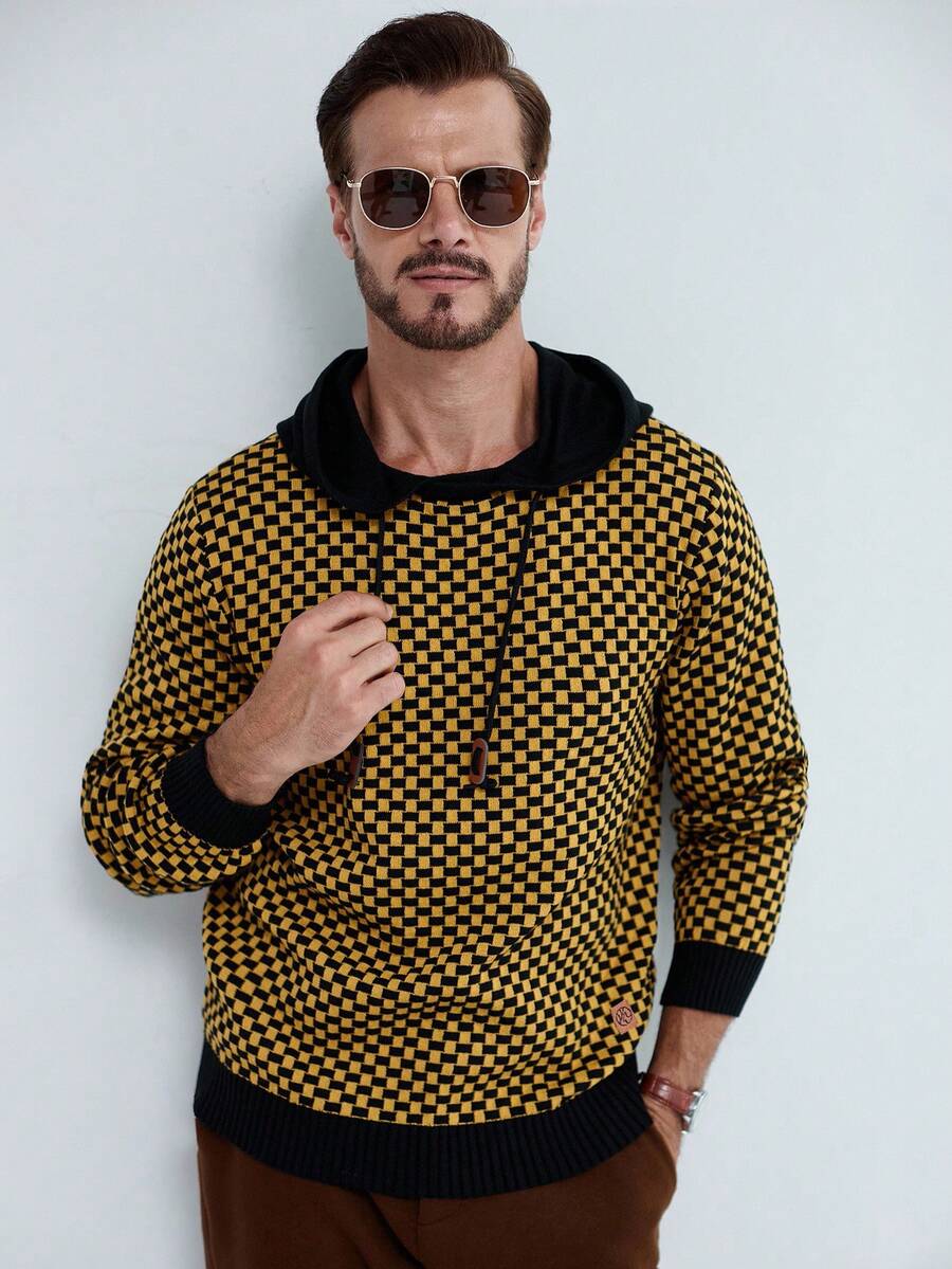 Manfinity Homme 男士休闲宽松撞色格子连帽长袖毛衣,秋冬 - 彩色 - 查看 1