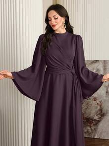 Modelyn Women Elegant Solid Color Bell Sleeve Arabic Dress, Autumn Long Evening Dresses - Brown - View 3