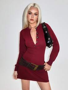 Avantive Damen einfarbiges Knielang Lässig Strickkleid mit Knopfleiste und Langarm, Herbst/Winter - Rot - Übersicht 7