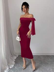 Rafferiza 1件女士优雅纯色收腰性感露肩连衣裙 - 酒紅色 - 查看 6