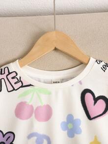 SHEIN 秋冬款 Tween 女童宽松休闲圆领卡通图案柔软简约套头衫 - 米色 - 查看 5