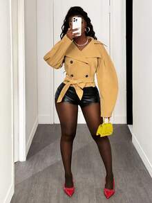 SHEIN BamGlam Áo gió tay ngắn dài cài hai hàng khuy rộng rãi cho nữ - Màu Khaki - Xem 6