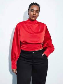 Maija Plus Size Red Summer Elegant Party Blouse,High Neck Puff Lantern Sleeve Backless Tie Top,Christmas Valentine's Day Wedding New Year Fashion Casual - Red - View 2