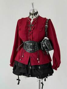 Sunspun Plus Size Ruffled Hem Long Sleeve Casual Solid Color Drawstring Waist Comfortable Shirt - Burgundy - View 8