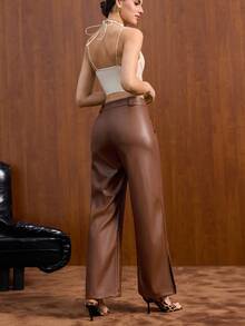 EURMUSE Women Solid Color Pocket And Button Detailed Wide Leg Pants - Brown - View 2