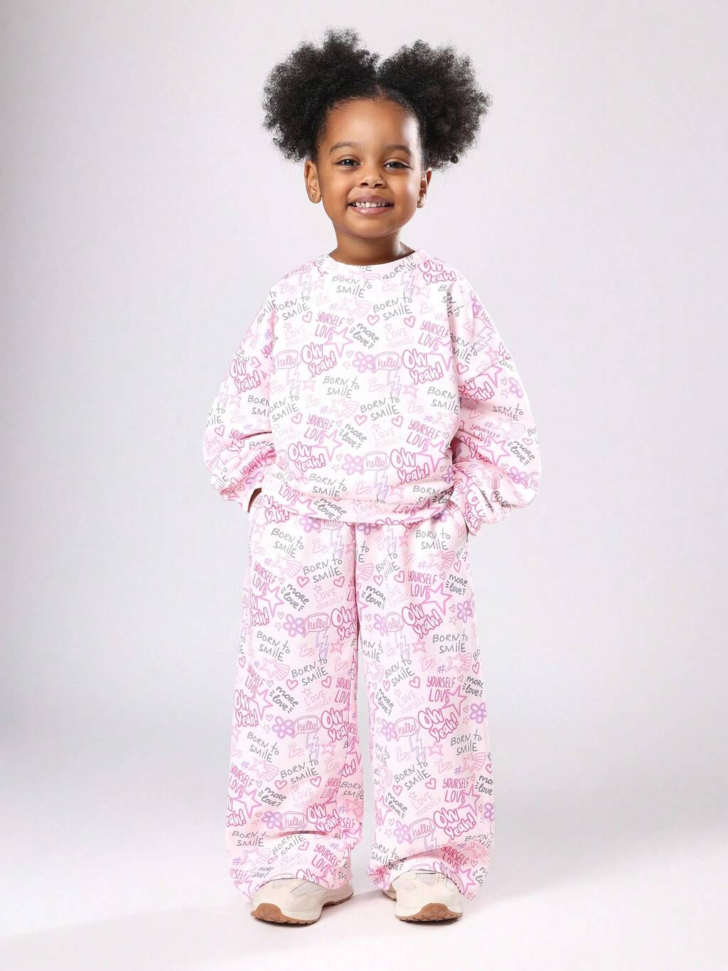 Wide Leg Pants And Sweatshirt Set With Love Print And Graffiti Pattern