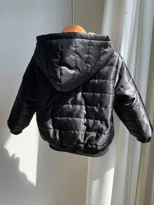 SHEIN 男婴/女婴加厚连帽拼色拉链棒球夹克，适合秋冬季休闲穿着、户外、玩雪 - 黑色 - 查看 2