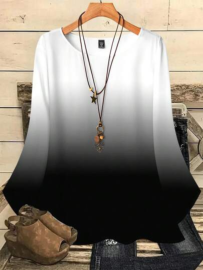 Mellowie 大码女式休闲黑白渐变全印花圆领宽松 3/4 袖衬衫，秋冬