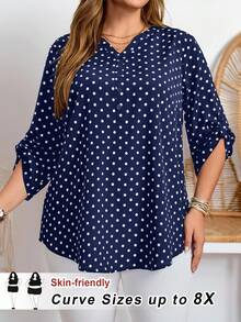 SHEIN CURVE+ Camisa casual de mujer talla grande con estampado de lunares, cuello con muesca y mangas enrolladas - Azul - Ver 3