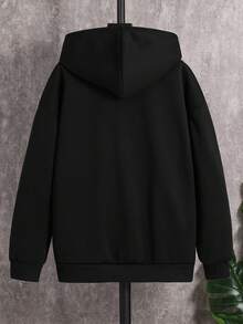 SHEIN 青少年男款寬鬆灰色拉鍊連帽衛衣外套，秋季夾克，休閒學院風，柔軟面料，適合冬季、街頭穿搭、畢業季、開學季 - 黑色 - 查看 2