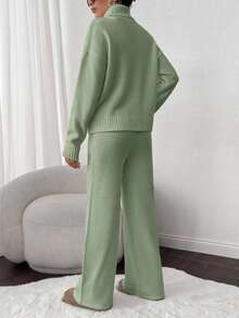 SHEIN Cottnline 2pcs Set: Cable Knit Turtleneck Long Sleeve Top And Solid Color Pants - Mint Green - View 2