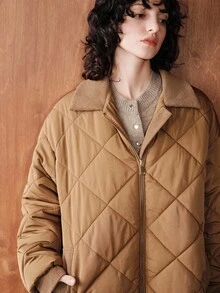 Uhlyne Uhlyne Autumn/Winter New Retro European Style Layered Color-Block Shirt Collar Diamond Plaid Padded Coat, Simple Versatile Loose Casual Padded Coat - Brown - View 2