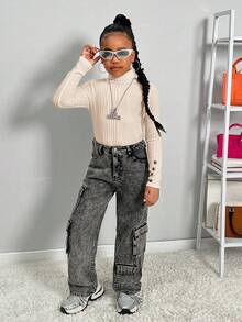 SHEIN SLAYR Tween Girl Tween Girls Brand Promotion - High Neck Ribbed Long Sleeve Knit Top With Buttons 3 Pice Fall Winter - Multicolor - View 4