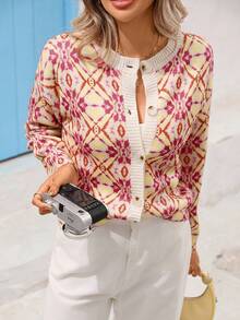 Vivid Eden 女式花卉图案落肩长袖休闲针织开衫，秋季 - 彩色 - 查看 6