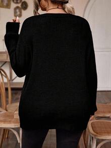 EMERY ROSE Plus Size Women Solid Color Round Neck Drop Shoulder Long Sleeve Casual Loose Pullover Sweater, Autumn - Black - View 2
