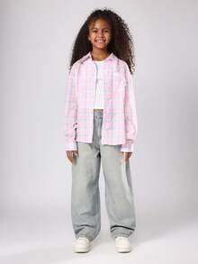 SUMWON Cotton Oversized Plaid Shirt Long Sleeve Button Down Collared Blouse Casual School Spring Fall Layering Top Winter - Pink - View 4