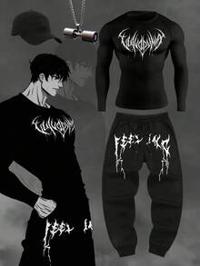 Manfinity Sport Corelite Men's Contrast Color Print Long Sleeve T-Shirt And Pants Sports Suit