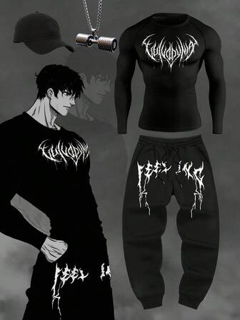 Manfinity Sport Corelite Conjunto deportivo de camiseta de manga larga y pantalones con estampado de color contrastante para hombre