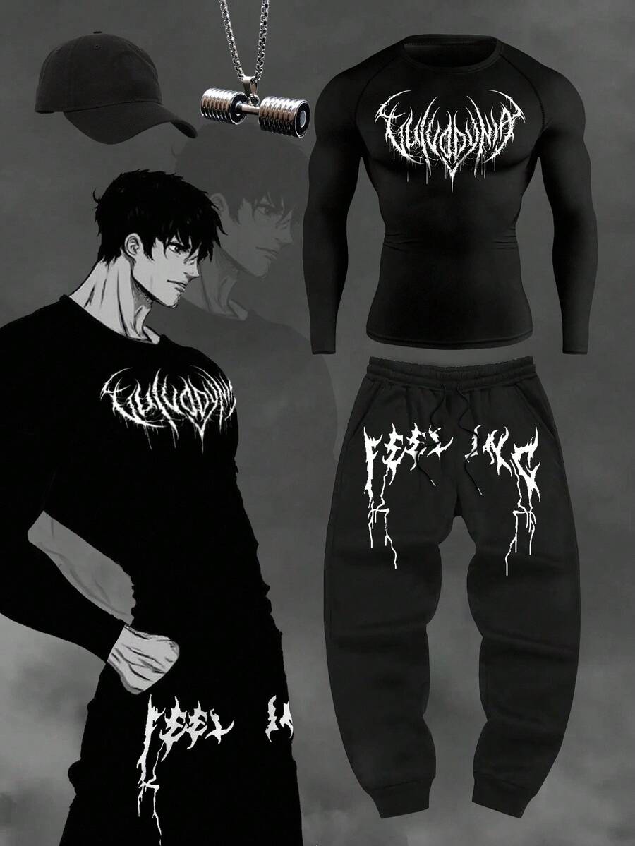 Manfinity Sport Corelite Men's Contrast Color Print Long Sleeve T-Shirt And Pants Sports Suit