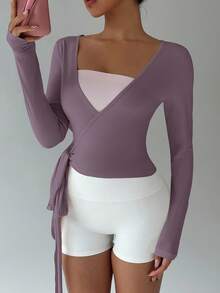 FavEase 粉色瑜伽健身运动高弹柔软裹身V领长袖短款紧身T恤，时尚简约休闲优雅百搭衣橱必备设计，适合女性，春秋季 - 紫色 - 查看 4