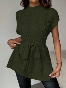 EMERY ROSE Casual Solid Color Stand Collar Side Slit Knit Vest, Autumn/Winter Tunics For Women