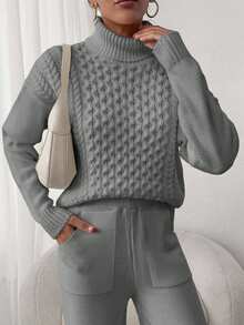 EURMUSE 2pcs Set: Cable Knit Turtleneck Long Sleeve Top And Solid Color Pants - Light Grey - View 6