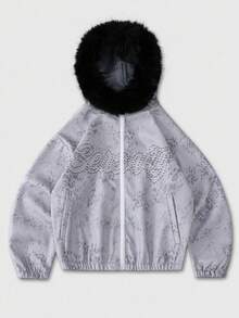 ROMWE MEN Street Life Unisex Street American Animal Texture English Graphic Print Fur Collar Jacket - Light Grey - View 5