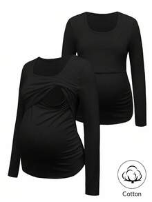 Modmama Maternity Solid Color Round Neck Long Sleeve Nursing Top Breastfeeding Top - Black - View 7