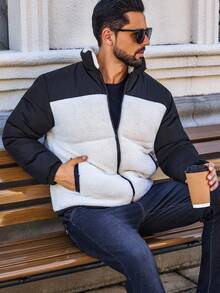 Manfinity CasualCool Men's Patchwork Sherpa Fleece Fabric Casual Loose Comfortable Sports Street Mature Stand Collar Padded Coat, Winter, Fall - Black and White - View 1