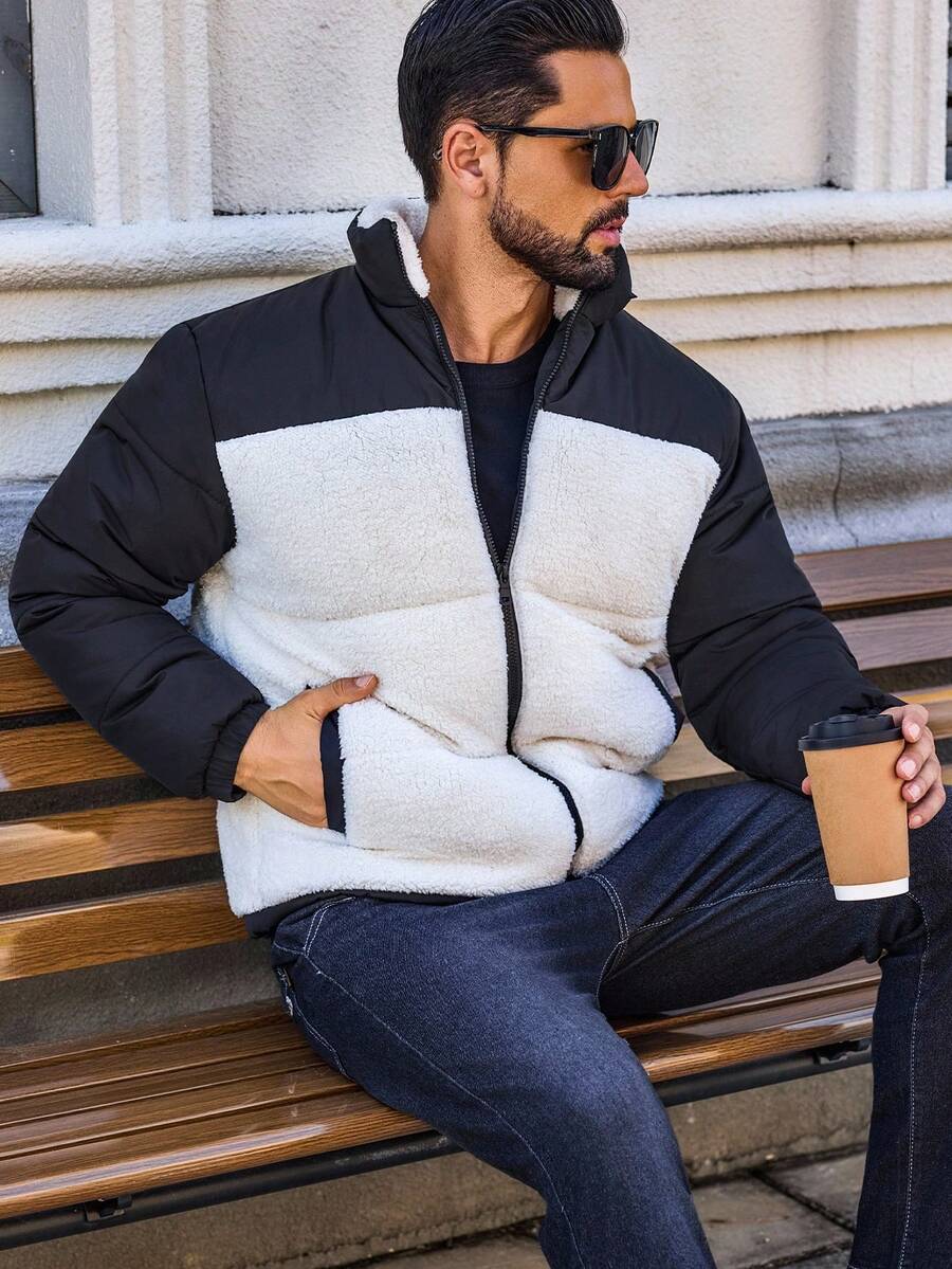 Manfinity CasualCool Men's Patchwork Sherpa Fleece Fabric Casual Loose Comfortable Sports Street Mature Stand Collar Padded Coat, Winter, Fall - Black and White - View 1