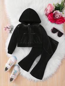 SHEIN Fashionable And Cute Baby Girl 2Pcs Sets Rhinestone Letter Pattern Velvet Hoodie & Flare Pants ,Sweatpants, Outfits,Cute & Casual & Vintage,Great For Casual & Daily Wear & School Daily In Summer & Autumn,For Christmas - Black - View 7