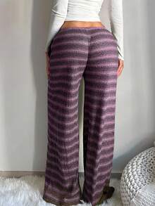 SHEIN SXY Women's Comfortable Casual Minimalist Low Waist Drawstring Wide Leg Pants Striped Knit Pants Wide Leg Sweatpants - Pink - View 2