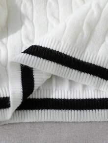 Tween Girl White Half-Placket Button Cable Knit Embroidered Cropped Loose Sweater,Black And White,Autumn,Elegant And Classy,School,Back-To-School - Beige - View 8