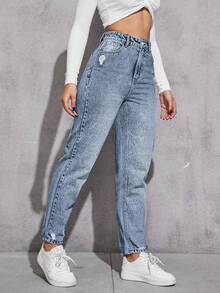 SHEIN ICON 冬季女式加大码做旧直筒水洗蓝牛仔裤 - 中等水洗藍 - 查看 5