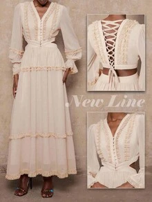 SHEIN Privé VITNOS Peach Pink Elegant Wedding Dress For Women, Lace V-Neck Long Sleeve Flared Gown,Autumn High-End Luxury Evening Party Prom Graduation - Apricot - View 12