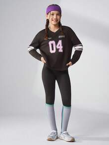 JNSQ Tween Girls Oversized Crew Neck Long Sleeve Graphic Letter Print Sweatshirt, Casual Sports Jersey Top, Suitable For Autumn/Winter Daily Wear, Outdoor Activities, Vacation, Streetwear, Party