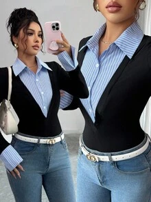 Jeanoix Elegant Patchwork Striped Waist Cinched Long Sleeve Top For Women - Black - View 1