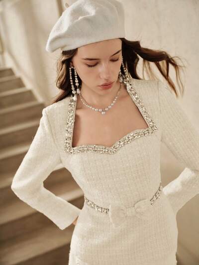 Elegant Bowknot Rhinestone Shiny Apricot Short Jacket, French New Year Style