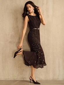 Anewsta Elegant Coffee Color Tweed Patchwork Pleated Fishtail Hem Beaded Dress - Coffee - View 5