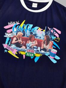 FRIENDS X SHEIN 大码复古休闲时尚图案撞色装饰夏季连衣裙，海军蓝