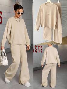 Sparklyn 少女纯色圆领长袖毛衣和裤子套装 - 杏色 - 查看 1