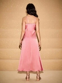 Elegant Pleated Trim Spaghetti Strap Dress For Teens, Suitable For Holiday Party, School Event, Christmas, Piano Recital, Runway Show - Pink - View 2
