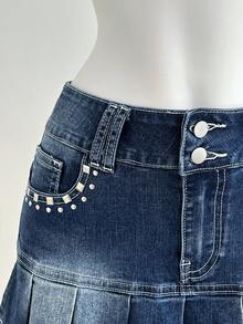 Elamini Chân váy denim ngắn xếp ly thời trang có túi đinh tán dành cho nữ - Màu xanh lam - Xem 5
