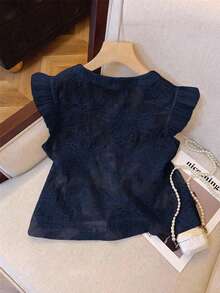 Serisse Women's Solid Color Ruffle Front Button Round Neck Casual Shirt Summer - Navy Blue - View 7