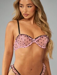 MISSGUIDED 网眼内衣套装，带波尔卡圆点和荷叶边，带钢圈的聚拢文胸和高腰巴西丁字裤，特殊场合礼品套装 - 粉色 - 查看 5