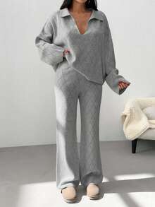 EURMUSE Woman Checkered Jacquard Polo Neck Two Pieces Sweater And Pants Co-Ords - Light Grey - View 4